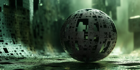 Fototapete - A captivating spherical structure embodies a data matrix, surrounded by a shifting digital terrain. Patterns flow and transform, creating an enchanting visual experience in this imaginative realm