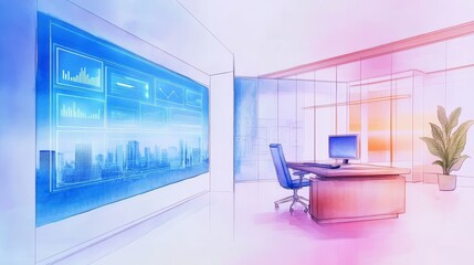 Aufkleber - Modern office interior with digital screens displaying data, cityscape view, and greenery