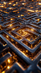  - Intricate patterns weave together in a mesmerizing fractal labyrinth, where glowing edges contrast with deep shadows, evoking an infinite journey through an otherworldly landscape