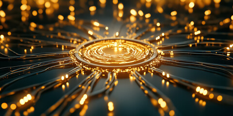 Fototapete - A mesmerizing neural network radiates golden light against a dark backdrop, highlighting intricate connections and circuits pulsing with energy
