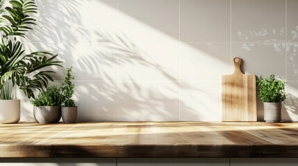 Poster - Bright sunlight pours over a rustic kitchen countertop, casting shadows from potted plants. A wooden cutting board rests nearby, adding a touch of warmth to the vibrant scene