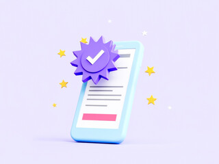 Poster - 3d render of smartphone with checklist symbol and purple starburst