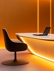 Poster - Modern office interior with sleek furniture, warm lighting, and a laptop on the desk