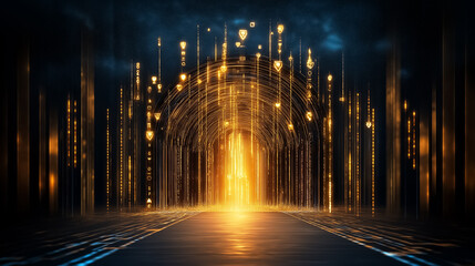 Fototapete - Illuminated pathways filled with vibrant symbols cascade downward, merging into a mesmerizing digital tunnel radiating holographic light, evoking a futuristic ambiance