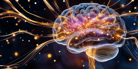Poster - An abstract representation of a neural network in the form of a brain reveals vibrant data streams coursing through its structure, illustrating the flow of information in a digital world