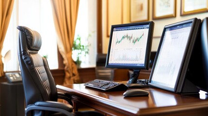  - Modern office workspace featuring dual monitors displaying stock market graphs and data