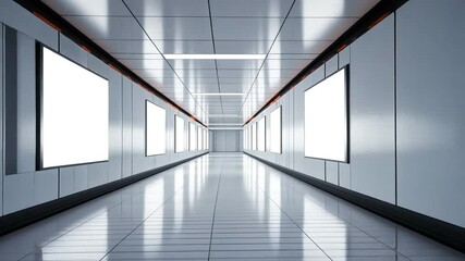 Poster - Subway Passage and empty screens: A perspective view of a futuristic and minimalist subway passage with numerous empty screens set in walls, reflecting light from the ceiling