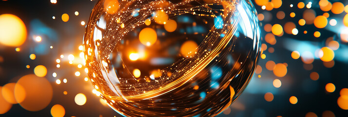 Fototapete - A stunning spherical structure showcases a data matrix, featuring constantly shifting patterns in vibrant hues. Light dances across the surface, creating a mesmerizing display of motion and energy