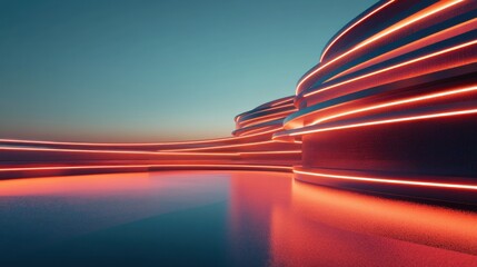 Fototapete - A futuristic landscape with glowing lines and smooth surfaces at dusk.