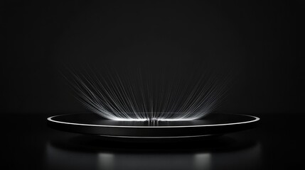 Fototapete - A sleek, minimalist platform with radiant lines emanating from its center against a dark backdrop.