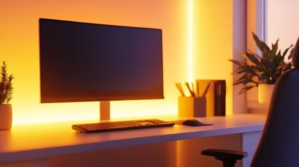 Poster - Modern workspace with a sleek monitor and warm lighting, featuring plants and stationery