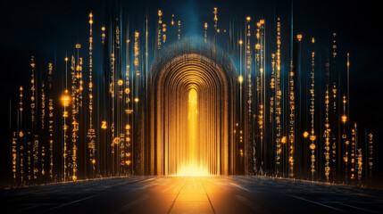 Fototapete - A captivating digital matrix unfolds with luminous symbols cascading downward, illuminated by a warm golden light. The atmosphere feels otherworldly, creating a sense of limitless possibilities