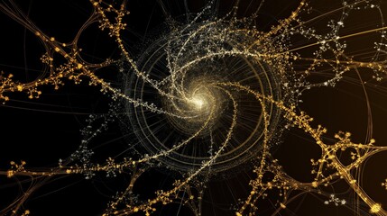 Poster - Spiral of gold and black lines with a dark background. The spiral is made up of many small lines that are all connected to each other. The lines are gold and black. AI generated