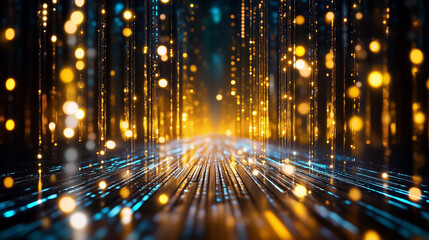 Fototapete - A digital matrix unfolds with cascading symbols reminiscent of a data stream, illuminated by holographic effects