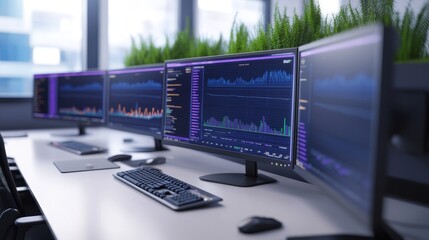 Aufkleber - Modern office workspace featuring multiple monitors displaying data analytics and graphs