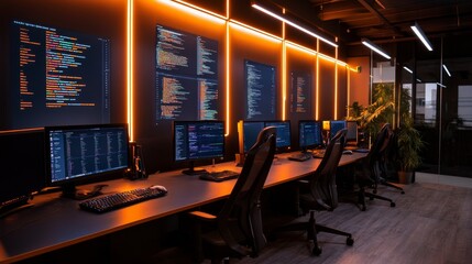 Aufkleber - Modern workspace with multiple computer screens displaying code, illuminated by orange light
