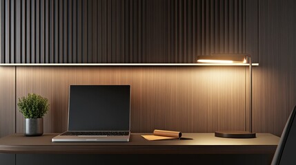 Poster - Modern workspace featuring a laptop, desk lamp, and decorative plant in a sleek interior design