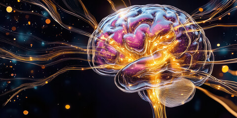 Poster - An intricate representation showcases an abstract AI network that resembles a brain, pulsating with vibrant data streams. This creative artwork symbolizes the fusion of technology and human cognition