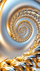 Fototapete - A mesmerizing fractal pattern unfolds with an infinite spiral, showcasing a metallic texture that beautifully reflects light, inviting exploration and wonder in its depths