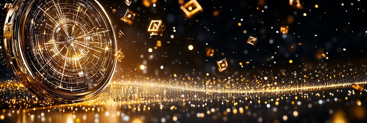 Fototapete - A stunning visualization immerses viewers in a digital matrix with shimmering symbols cascading like rain, surrounded by vibrant holographic effects and glowing particles in a dark space