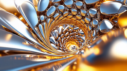 Fototapete - Engaging spiral formation draws the viewer into a mesmerizing world of fractal patterns. Metallic textures reflect light, creating a dynamic interplay of shadows and brilliance