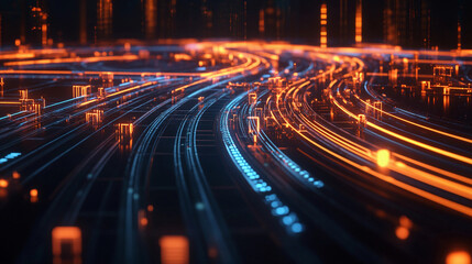 Poster - High-speed data flowing through vibrant orange and blue pathways in a dynamic digital landscape at night. Generative AI