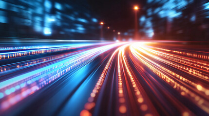 Poster - High-speed data representation showcasing dynamic movement through vibrant light trails against a blurred urban backdrop at night. Generative AI