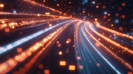 Aufkleber - Realistic depiction of fast-moving data streams illuminated by vibrant colors in an abstract digital environment. Generative AI