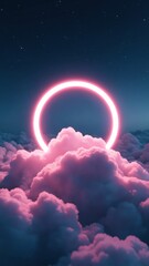 Aufkleber - 3d render, abstract cloud illuminated with neon light ring on dark night sky. Glowing geometric shape, background