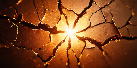 Poster - A fractured surface opens up to reveal brilliant light bursting through cracks, creating a mesmerizing display of warmth and intensity. This artwork captures an explosive moment of transformation