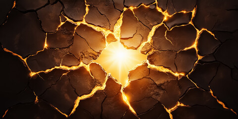 Poster - Beneath a fractured exterior, radiant light streams forth, illuminating the darkness and creating a mesmerizing interplay of shapes and textures. The contrast evokes a sense of wonder