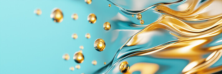 Poster - A mesmerizing water surface showcases realistic highlights and flowing wave movements, with golden droplets suspended in an enchanting display. The scene evokes a sense of tranquility and fluidity