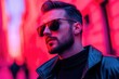 © Parkpoom - Stylish man in sunglasses walking through futuristic street, cyberpunk city, cinematic shot, high detail