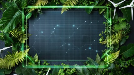 Poster - Sleek Futuristic Advertisement Frame Surrounded by Lush Greenery and Tech Elements for Modern Design Concepts
