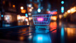 © city of pictures - Digital Shopping Cart: A neon shopping cart, glowing vividly, rests upon a laptop keyboard, set against the soft blur of city lights. This image reflects the digital world.