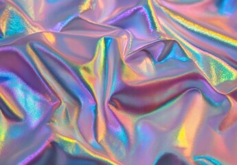 Poster - Shiny holographic crumpled fabric reflecting rainbow colors, creating a futuristic and vibrant texture