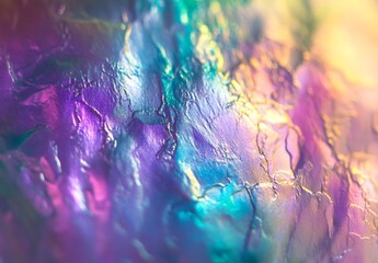 Poster - Iridescent surface cracking, revealing prismatic light waves and textured rainbow reflections against dark background