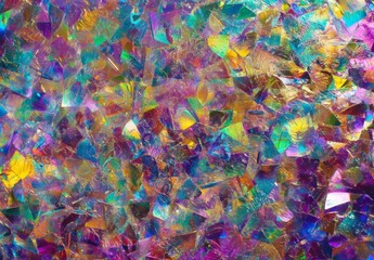 Poster - Iridescent crystal flakes forming shimmering, dynamic multicolored texture with vibrant color gradient