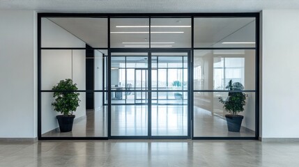 Poster - Bright and airy work environment features a stylish glass entrance. Potted plants create a welcoming touch. The minimalist aesthetic enhances productivity and focus
