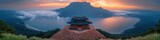 Breathtaking Panoramic View of Japanese Temple Overlooking Mountain Lake with Mist and Mystical Sunrise Scenery in Scenic Landscape Perfect for Tranquil Retreats