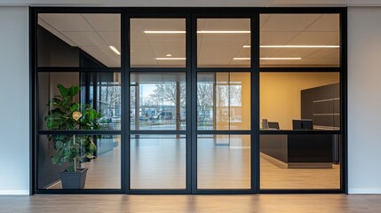 Poster - Brightly lit workspace features sleek glass partitions creating an open feel. A lush plant adds a touch of nature to the contemporary reception area, inviting guests in