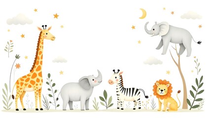  Ilustración en acuarela de un conjunto de animales y plantas de safari, incluidos una jirafa, un tigre, un elefante, una cebra, un rinoceronte y un león