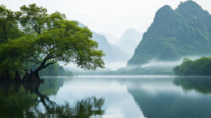 Fototapete - A large tree is reflected in the water of a lake
