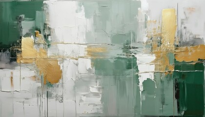 Aufkleber - modern abstract oil painting with textured gold accents on green and white background, luxury wall art for elegant interiors

