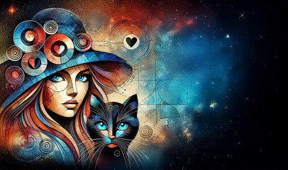  A woman with striking blue eyes, long, wavy red and brown hair, wearing a wide-brimmed artistic hat, poses with her black cat