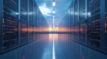 Poster - modern data center with wind turbines at sunset.