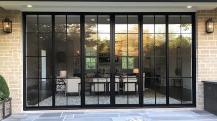 Leinwandbilder - Spacious glass doors frame a beautifully designed living room, allowing sunlight to stream in. The room features elegant furniture and a serene atmosphere, blending indoor and outdoor spaces