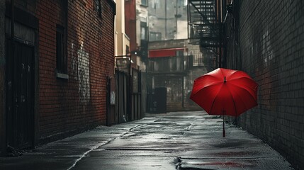 Aufkleber - A quiet, empty alley with a single red umbrella resting against the wall