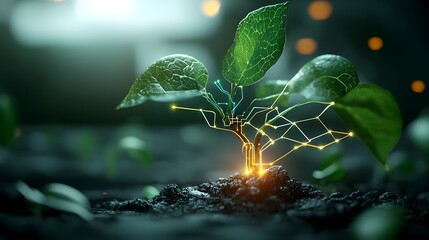 Poster - Vibrant green plant with embedded circuits and glowing veins under a laboratory light showcasing the of nature and advanced technology in a futuristic experimental setting