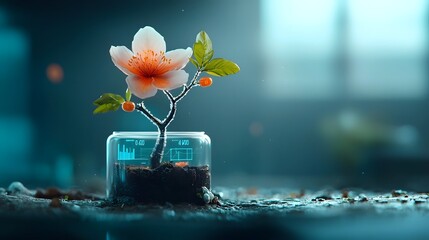 Poster - Transparent Biotech Flower with Illuminated Petals Revealing Real Time Data about Its Growth and Ecological Conditions